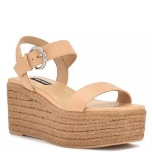 NINE WEST 7.5 Nillo 3 Espadrille Wedge Sandals NWOB Taupe Nude Neutral Platform